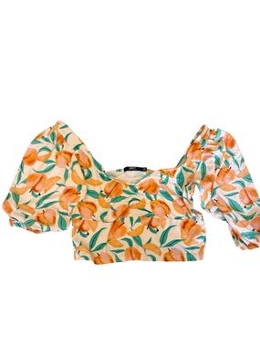 Obey Peach-Print Puff Sleeve Crop Top - Cream, Orange & Green Sample
